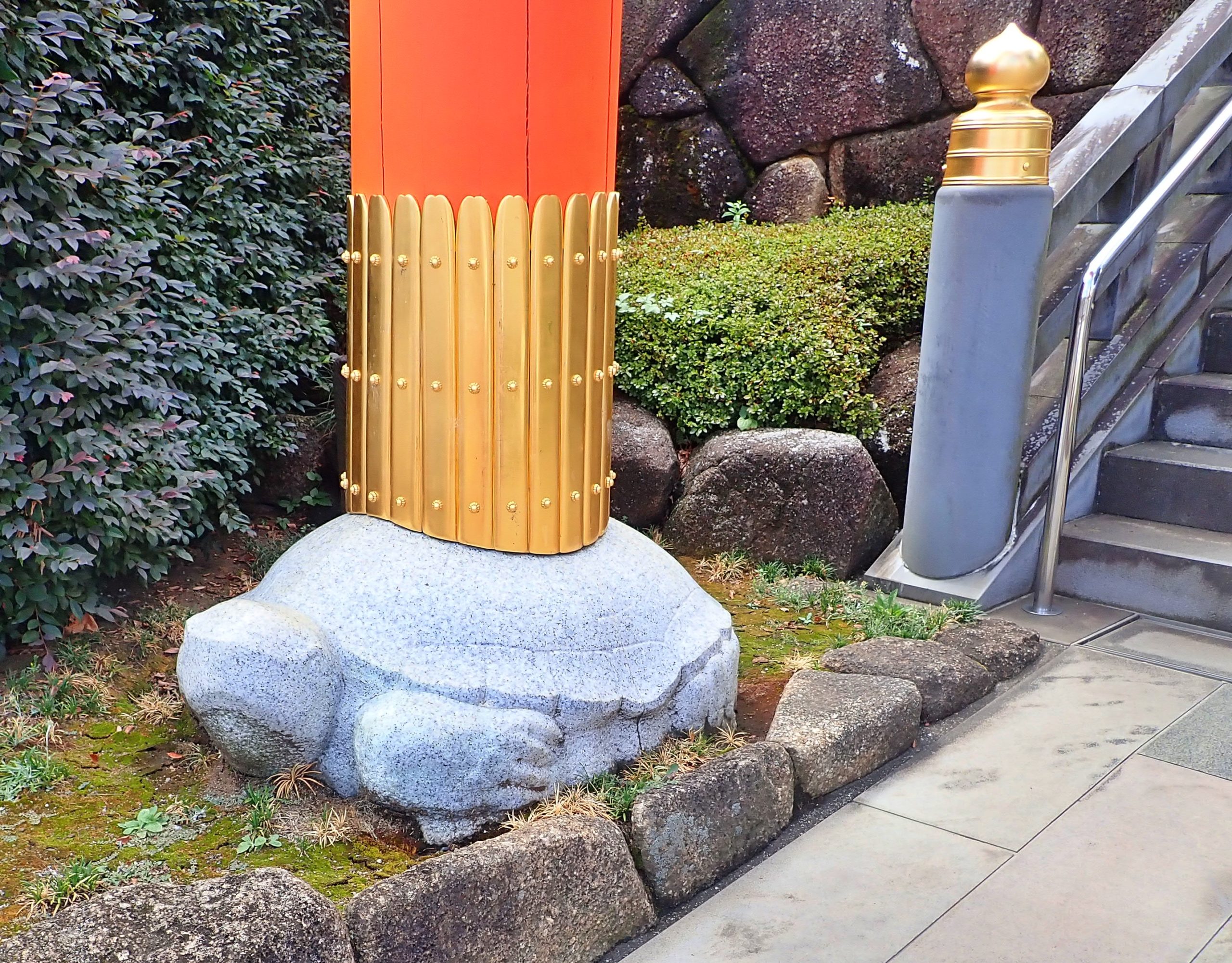 穴八幡宮の鳥居の下にいる亀 穴八幡宮の鳥居の下にいる亀